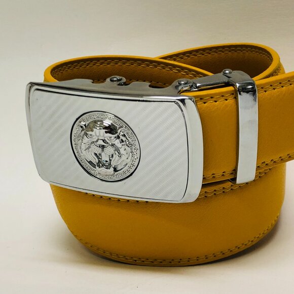 Mustard‎ Yellow Belt Men's Women Leather Ratchet Belt with Automatic Buckle Lion - Picture 1 of 3